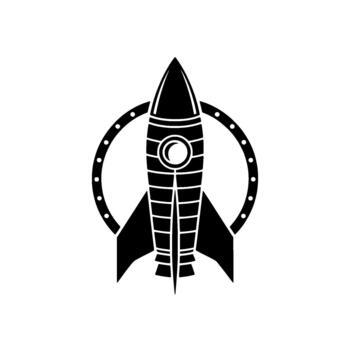 A stark silhouette of a retro style rocket ship with fins and a central window set within a dotted circle vector