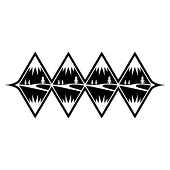 geométrico modelo presentando un repitiendo paisaje de nieve tapado montañas pino arboles y un devanado la carretera dentro diamante formas vector