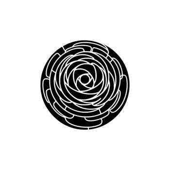 A stark circular abstract representation of a rose bloom with swirling layered petals and a central core vector