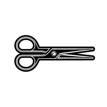 A stark silhouette of a pair of stylized scissors featuring clean lines and sharp blades positioned horizontally vector