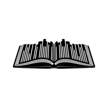 An open hardback book presented in a stark minimalist style with its pages transformed into a cityscape of abstract vertical bars vector