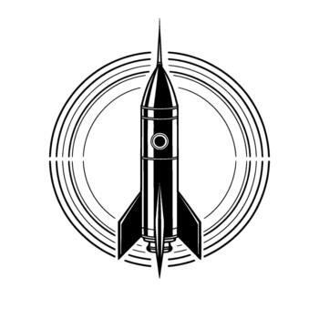 A minimalist illustration of a retro rocket ship poised for launch within concentric circular lines vector