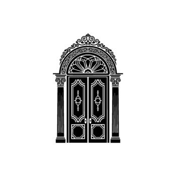 Ornate silhouette of an arched entryway featuring double doors with intricate paneling and decorative scrollwork above supported by classical columns vector
