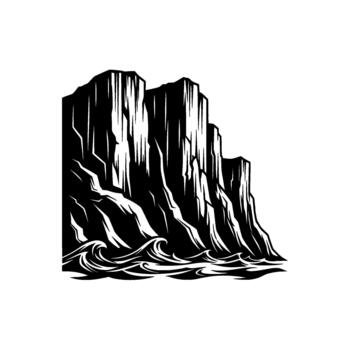 A dramatic illustration of imposing rugged cliffs overlooking a turbulent sea with stylized wave crests creating a bold representation of nature vector