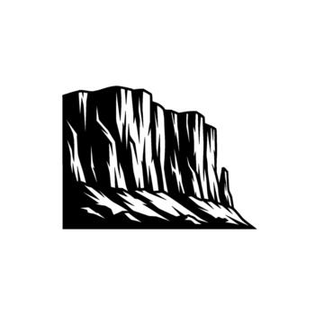 A stark silhouette of a dramatic cliff face with sharp vertical lines and a rugged textured base vector