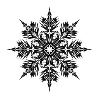 Intricate ink stylized snowflake illustration with sharp geometric crystalline fractal patterns and sharp pointed icy arms isolated vector