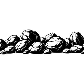 A continuous horizontal border illustration of a pile of various smooth and rough dark gray rocks with dramatic highlights and thick outlines vector