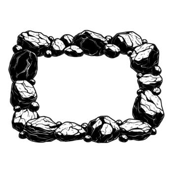 A monochromatic hand drawn illustration of rough dark natural rocks and smooth spherical stones forming a rectangular border with highlights vector
