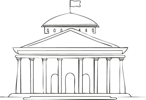 sencillo línea Arte de un abovedado gobierno edificio con columnas y bandera contorno arquitectura vector
