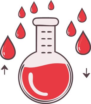 laboratorio matraz lleno con rojo líquido rodeado por que cae gotas indica científico proceso para pruebas experimentos y desarrollando medicina vector