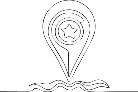 continuo línea Arte de mapa alfiler puntero con estrella icono en ubicación ola firmar vector