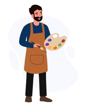 Man holds a paint palette while wearing an apron and smiling in an art studio during daytime vector