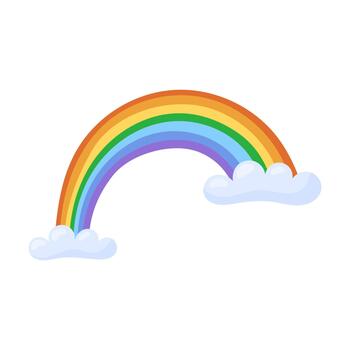 Hand drawn rainbow and two clouds. Sky and weather design element. Isolated illustration on white background. vector