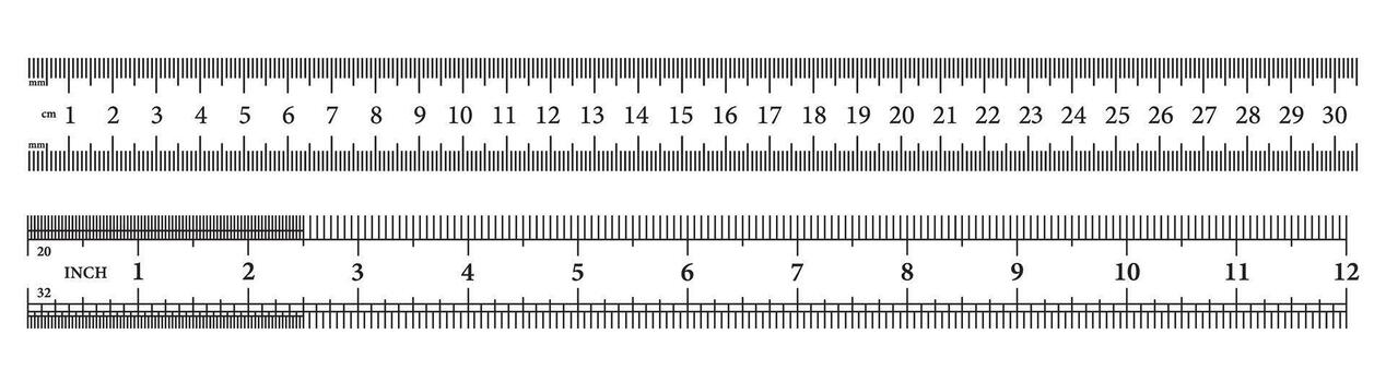Ruler template with metric and imperial scale markings for measurement, geometry, education, or technical drawing concepts. Black and white illustration for precision and accuracy. vector
