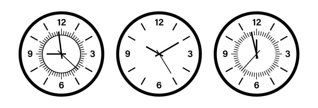 conjunto de Tres minimalista término análogo reloj caras en negro y blanco. sencillo hora íconos para negocio, Planificación, plazos, y acortar Arte conceptos. vector