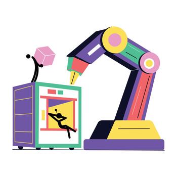 A flat style illustration showing robotic automation vector