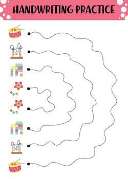 Handwriting practice worksheet with curvy dotted lines connecting pairs of matching toys including drums, rattles, bead mazes, and building blocks for preschool vector