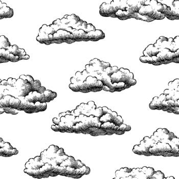 Hand-drawn clouds scattered on a white background creating a whimsical pattern. vector