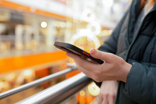 Person using a smartphone while leaning on a railing inside a shopping mall with colorful blurred lights in the background. Concept of messaging, mobile apps, navigation, technology on the go photo