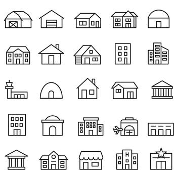 varios edificios un conjunto de lineal íconos de edificios y arquitectónico objetos. vector