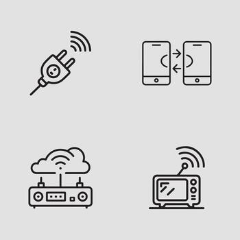 un colección de cuatro línea íconos representando varios aspectos de moderno inalámbrico conectividad y inteligente dispositivos vector