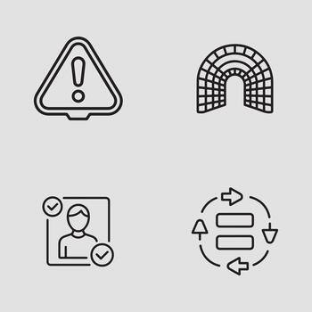 un colección de diverso línea Arte íconos presentando advertencia, túnel, usuario verificación, y proceso fluir vector