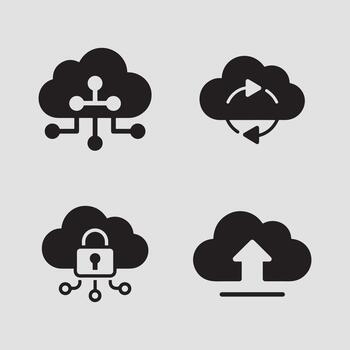 esencial nube informática íconos representando redes, sincronización, seguridad, y datos subir vector