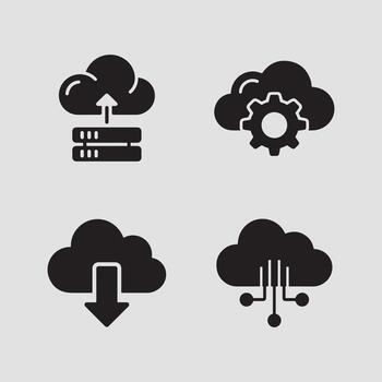 Essential cloud computing icons illustrating various data storage, processing, and management services vector