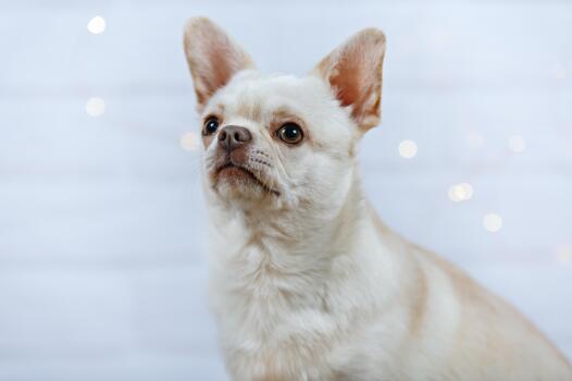 Close-up portrait of a white Chihuahua dog with warm bokeh string lightss in the background. photo
