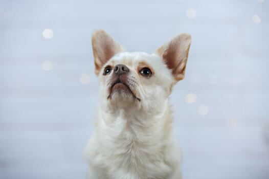 Funny portrait of a white Chihuahua dog with warm bokeh string lights in the background. photo