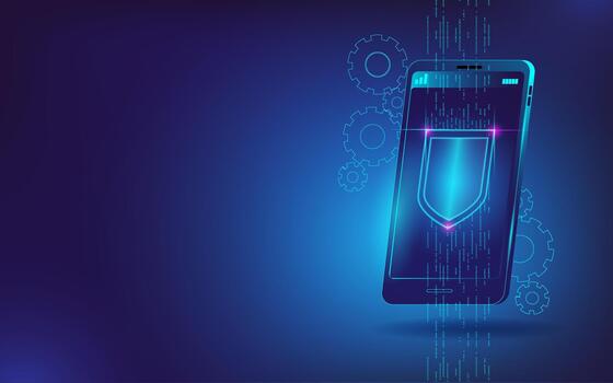 Neon virtual shield on one of the data streams in the mobile phone. vector