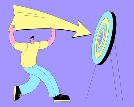 Man holding an arrow pointing to center of target. vector