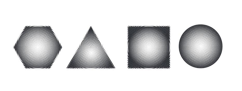 resumen geométrico conjunto con punteado textura círculo, triángulo, cuadrado, hexágono presentando radial gradación efectos y granoso trama de semitonos patrones para creativo antecedentes. vector