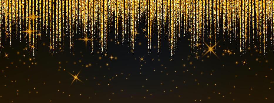 Gold confetti and sparkling stardust falling like rain through darkness, illuminated by glowing particles and shimmering golden lights for elegant events. vector