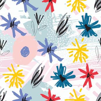 Abstract floral pattern creating a seamless background with hand drawn brush strokes, vibrant colorful flowers, and modern artistic texture for decorative design vector