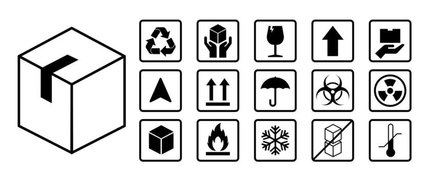 Isolated packaging signs and symbol collection including shipping handling icons fragile warning marks orientation arrows and logistics safety labels for boxes cartons and parcels vector