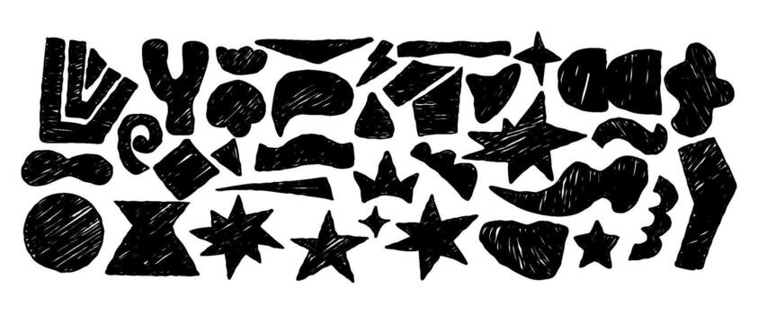 curvatura lápiz de color forma libre colocar. resumen negro mano dibujado formas, chinos, geométrico formularios, tinta Mancha y garabatear objetos. aislado texturizado dibujos garabatos. vector