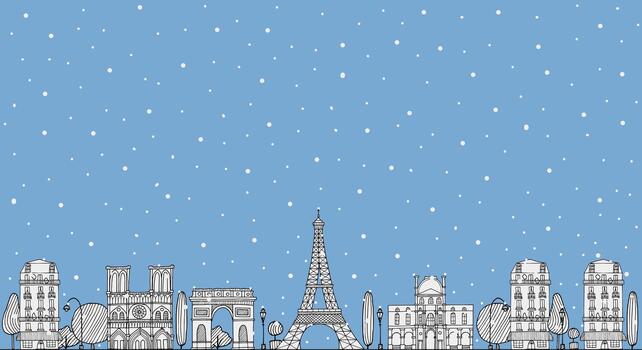 Winter Paris background horizontal banner with architecture skyline in hand drawn sketch doodle style in white contour in color of year 2026 Cloud dancer. Snow fall. Space for text. vector