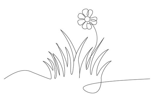 soltero continuo línea dibujo de un flor con césped en blanco antecedentes vector