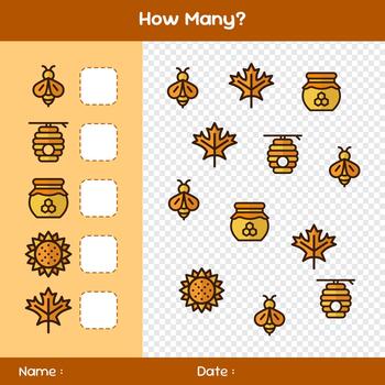 Count how many objects. Counting game with flowers, leaves, and bees. Educational mathematical game. Counting game for children. Kids activity sheet. Template for how many vector