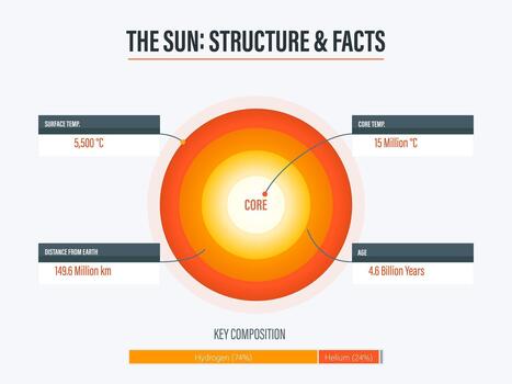 Sun Structure and Facts Educational Infographic Diagram with Core Layers and Composition Data vector