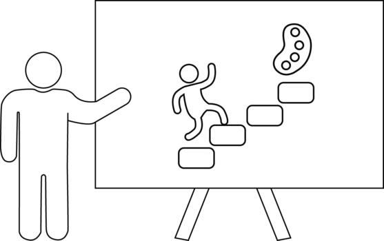 Figura de palo presentación altavoz gestos a un pizarron con pasos y un paleta vector