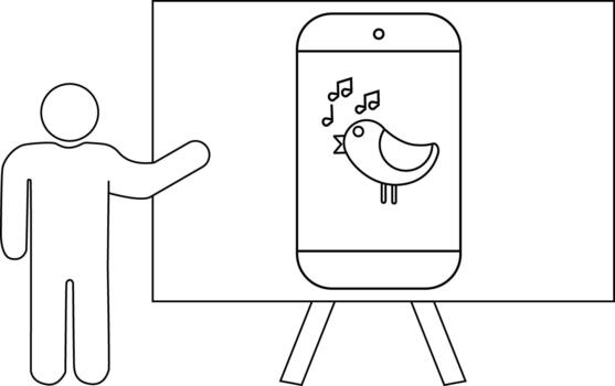 palo figura señalando a un teléfono pantalla con un canto pájaro en un caballete vector