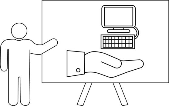 Presentation with figure hand holding computer and easel stand vector