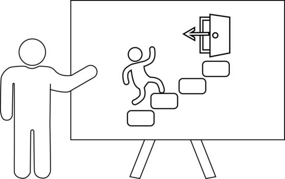 Person presenting exit strategy with steps leading to an open door on a white presentation board supported by a stand vector