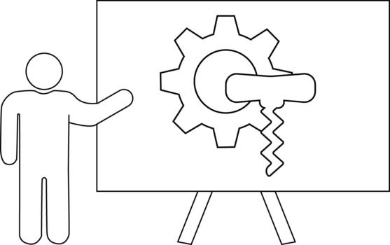 A figure stands near a presentation board displaying a gear with a wrench and jagged line vector