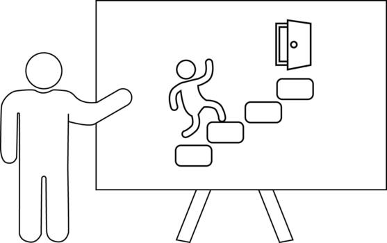 A diagram shows a presenter next to a whiteboard with a figure ascending steps towards an open door vector