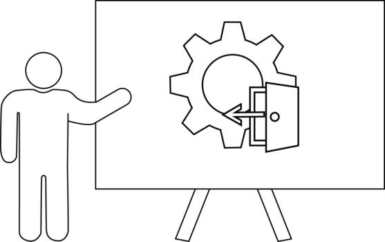 presentación persona gestos a un caballete mostrando un engranaje y un puerta con un flecha señalando interior vector