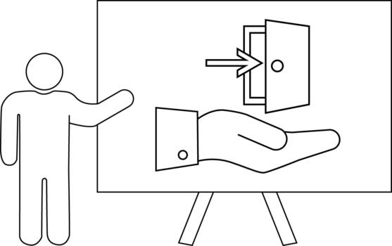 figura gestos a un presentación tablero con un puerta y mano icono indicando un abierto concepto vector