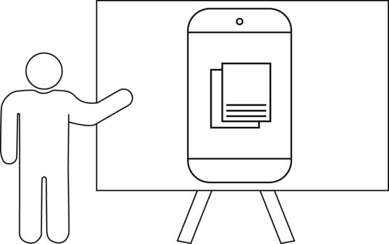 A stick figure presents a smartphone on a stand displaying a file icon in front of a rectangular backdrop vector